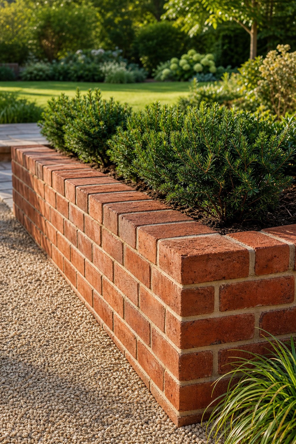 A red brick planter wall filled with neatly trimmed dwarf evergreen shrubs in a landscaped garden.