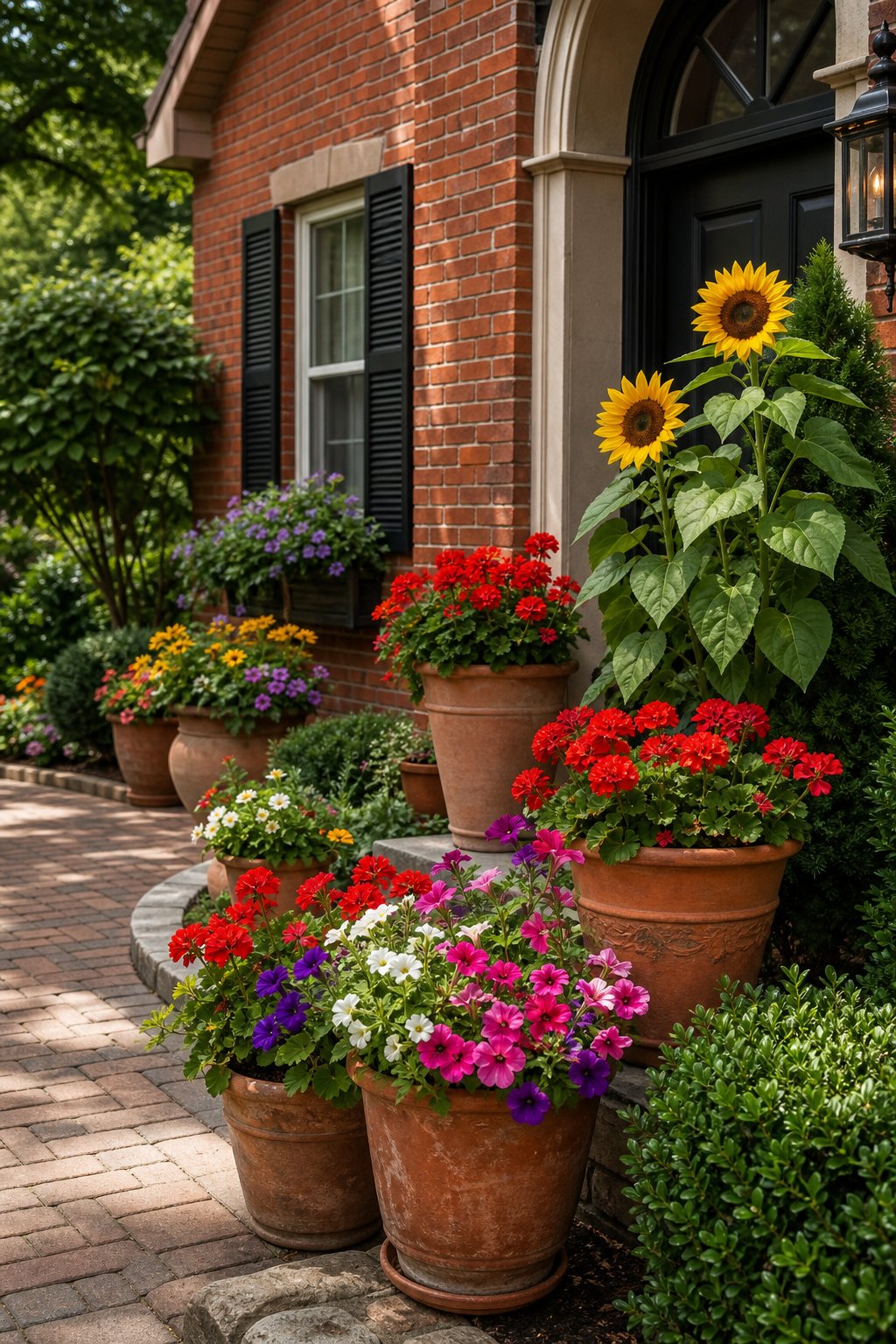Terracotta planters filled with geraniums, petunias, and sunflowers beside the entrance of a red brick house.