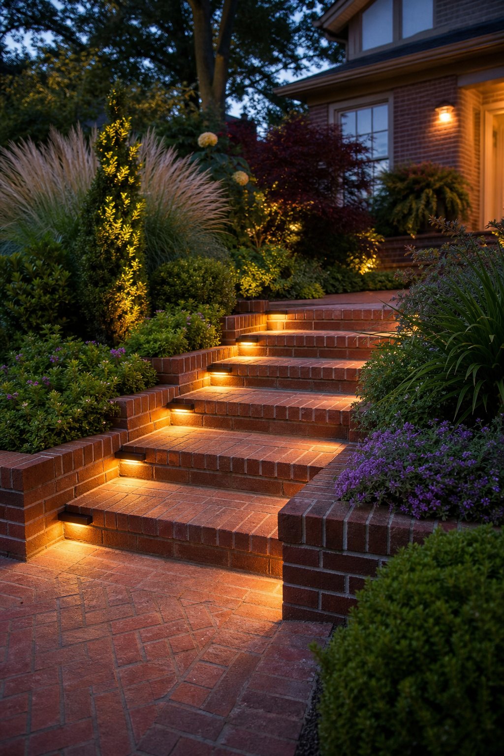 Red brick garden steps with warm integrated lights surrounded by lush plants.