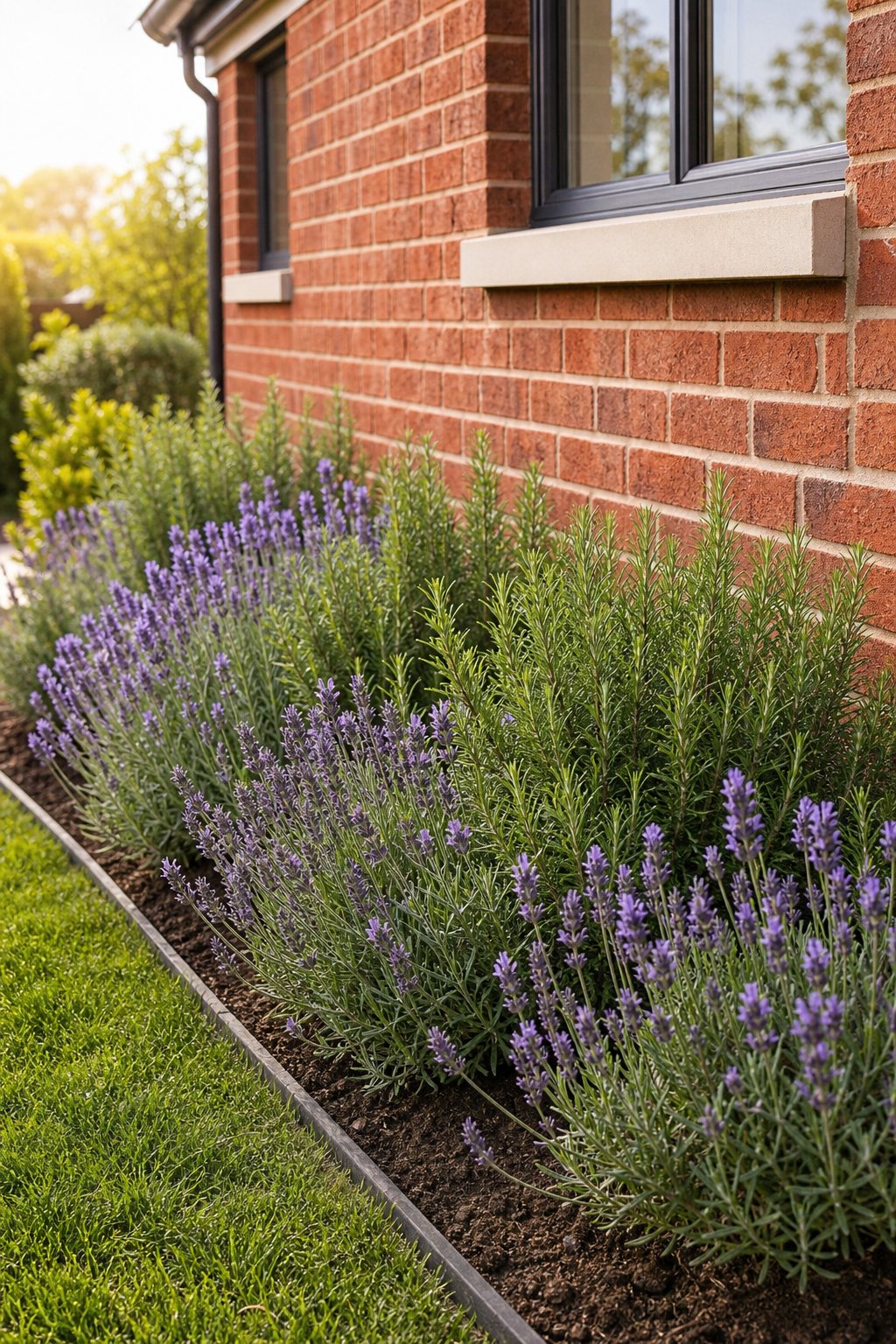 Rosemary and lavender plants line the sunny foundation of a red brick house.