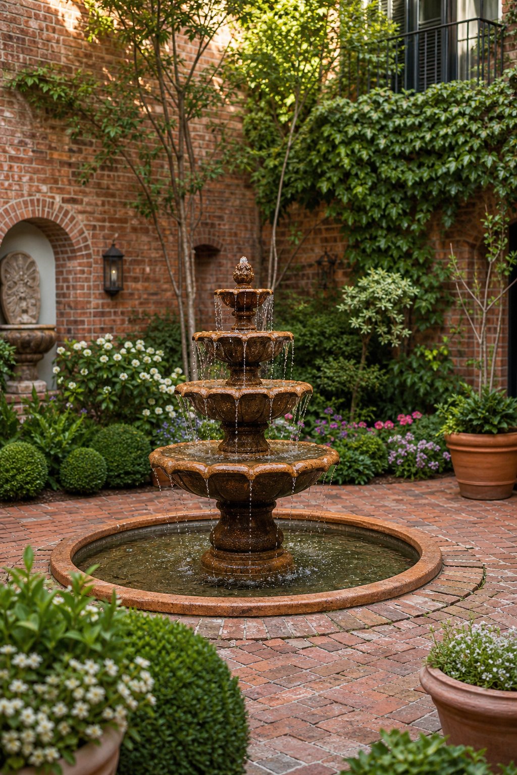 A red brick courtyard garden with a tiered fountain surrounded by plants and flowers.