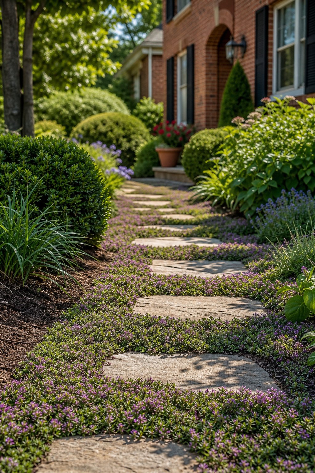 Creeping thyme grows between stepping stones along a landscaped walkway beside a red brick house.