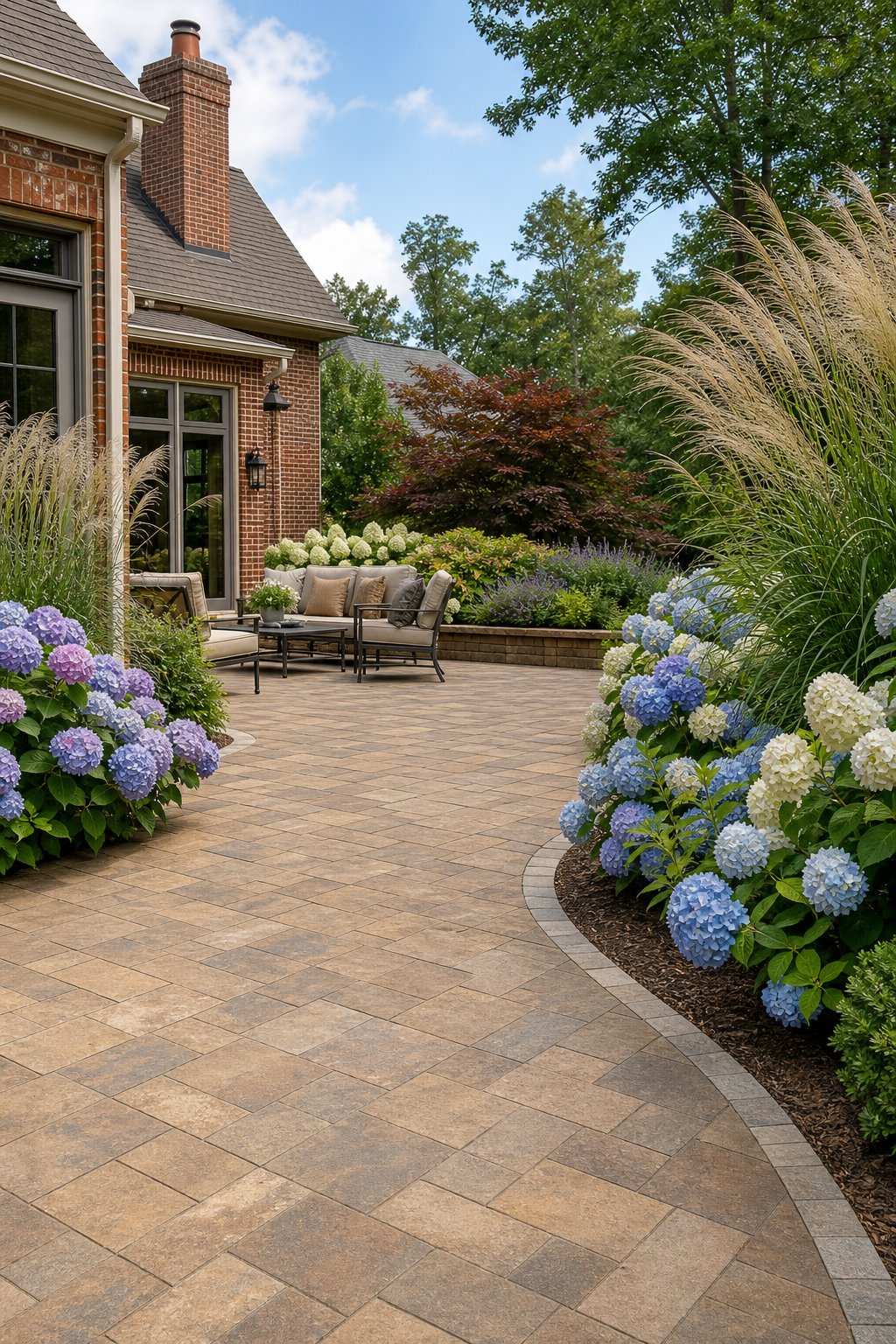 A buff-colored paver patio bordered by blooming hydrangeas and tall ornamental grasses beside a red brick house.