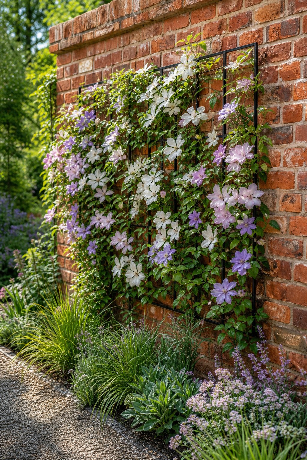 A red brick garden wall with a trellis covered in blooming clematis vines.