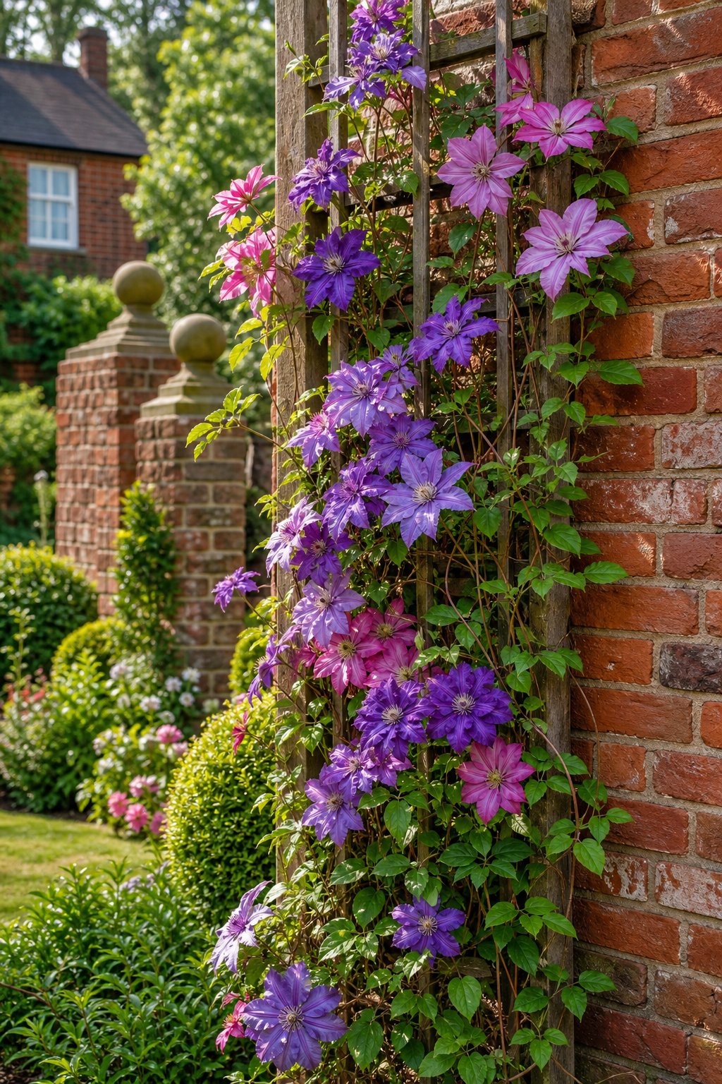 A flowering clematis-covered trellis beside a red brick garden wall.