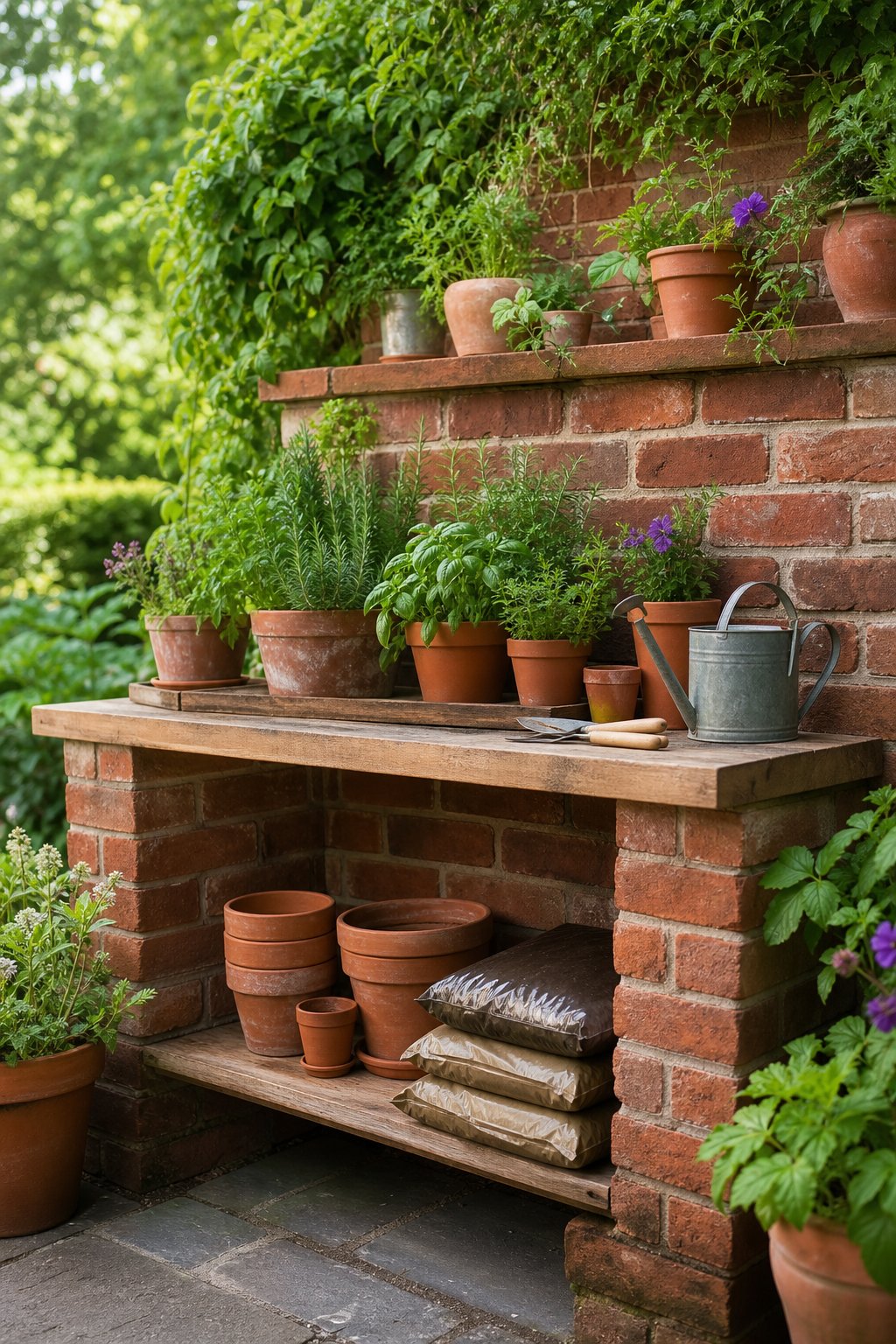 A red brick potting bench with terracotta planters and gardening supplies in a lush garden.