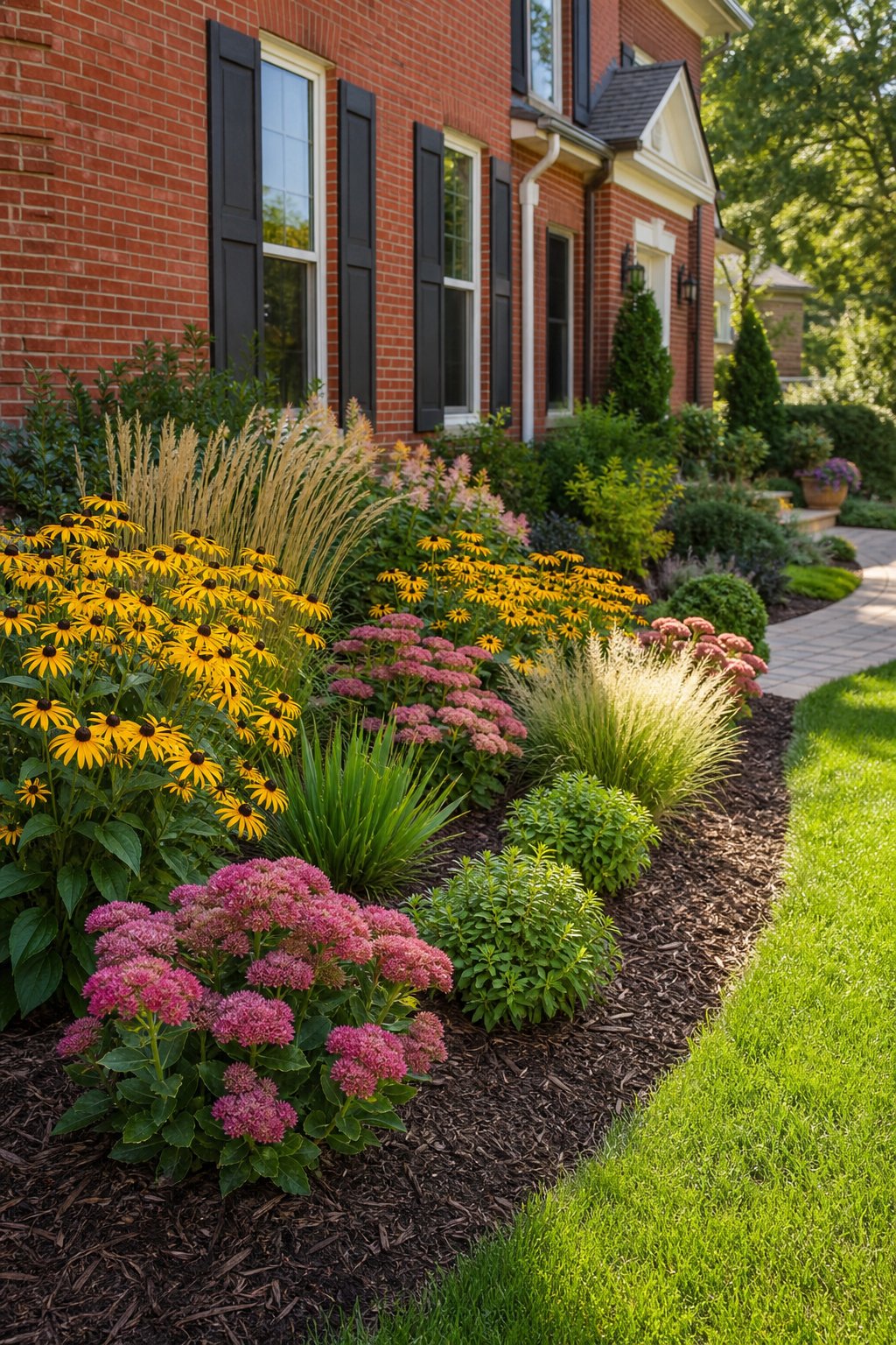 A curved garden bed with yellow black-eyed Susans and pink sedum beside a red brick house.