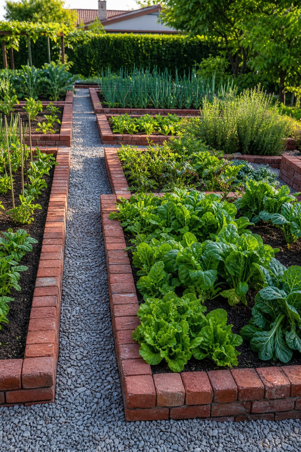 A vegetable garden with red brick borders around planting beds and gravel paths between them.