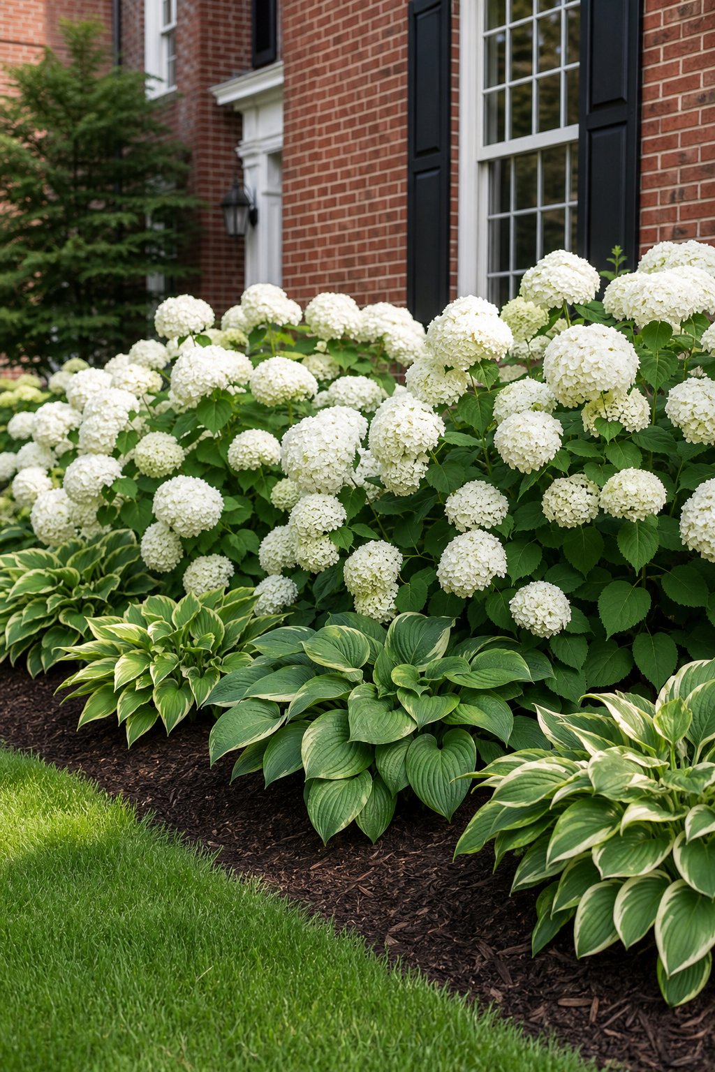 White hydrangeas and green hostas grow in a dark mulch bed beside a red brick house.