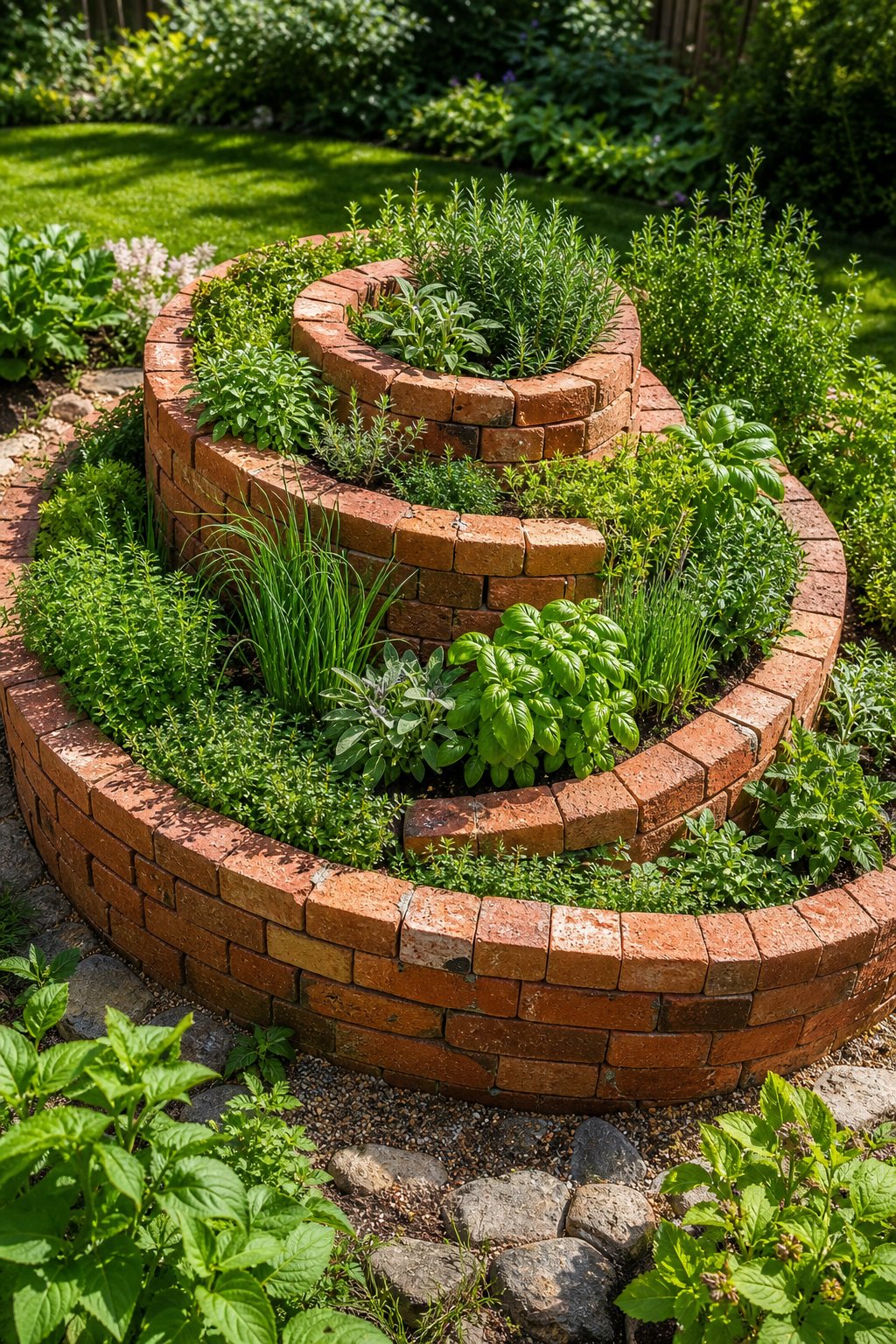 A red brick spiral garden filled with lush green culinary herbs in a sunny backyard.