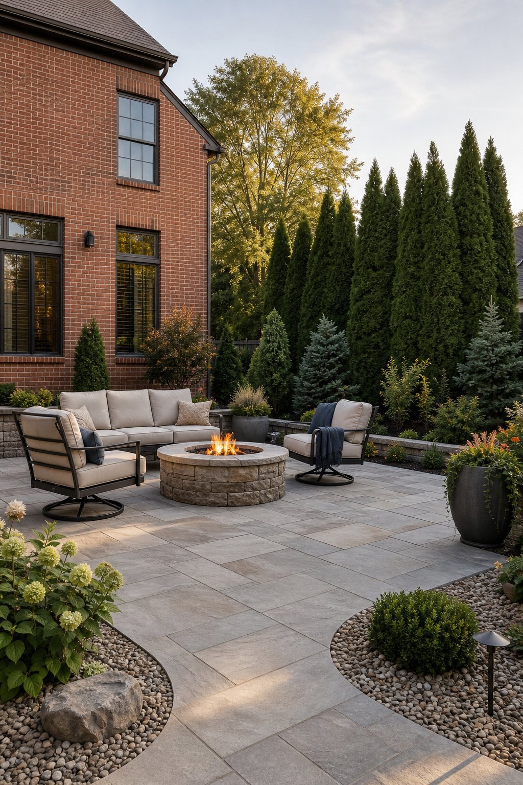 A red brick home with a neutral stone patio, central fire pit, outdoor seating, and evergreen privacy landscaping.