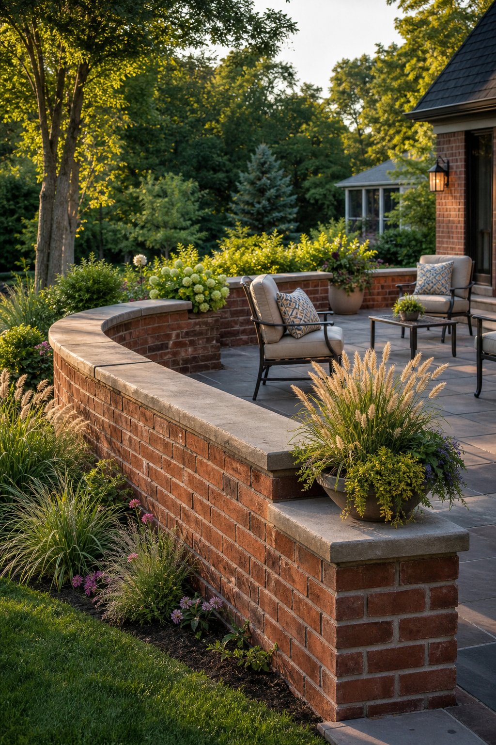 A red brick seating wall surrounds a landscaped backyard patio.