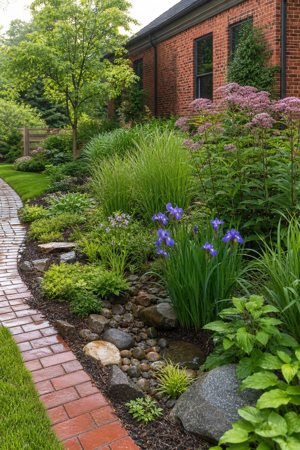A rain garden beside a red brick house planted with switchgrass, Joe-Pye weed, and blue flag iris.