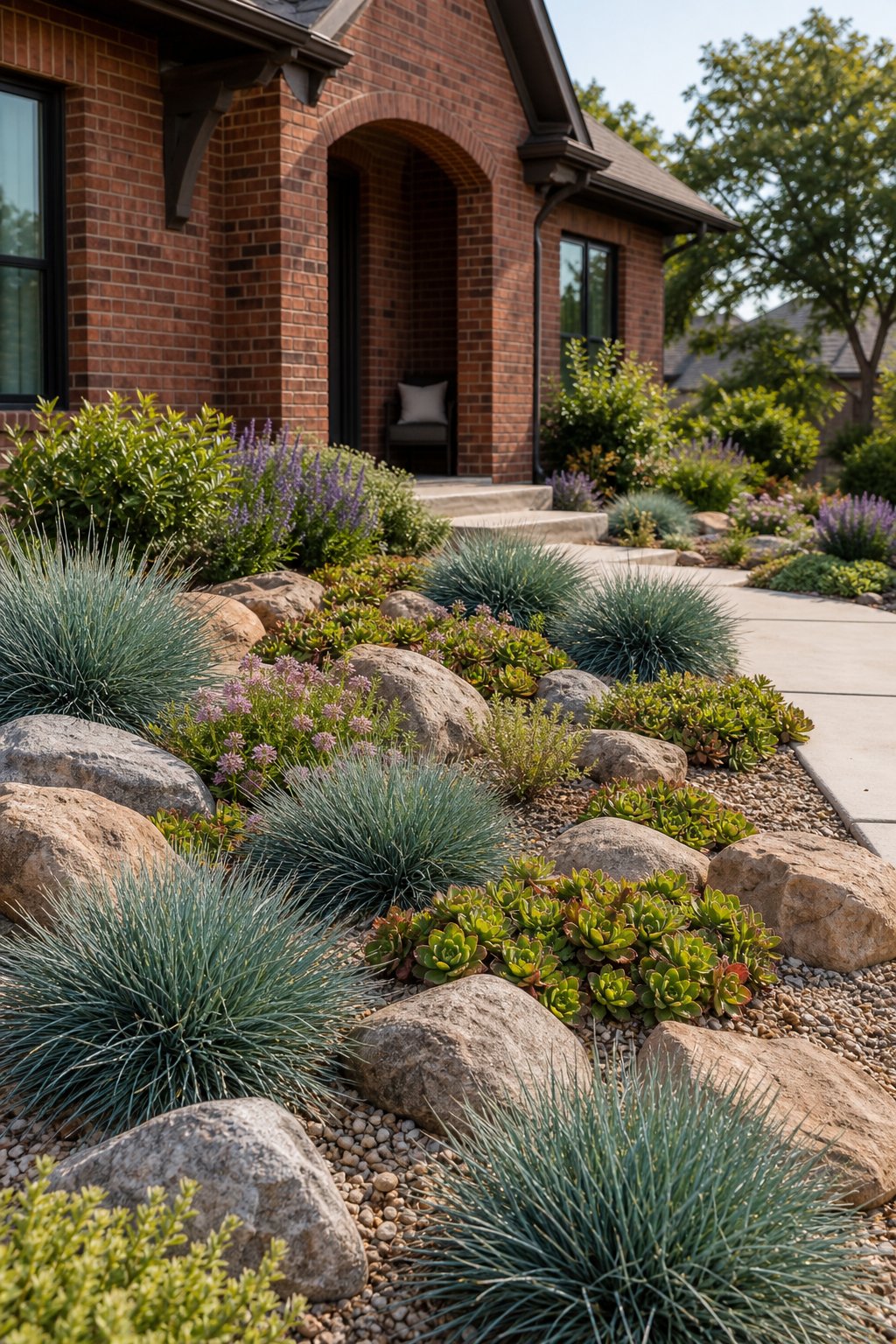 A rock garden with blue fescue and creeping sedum beside a red brick house.