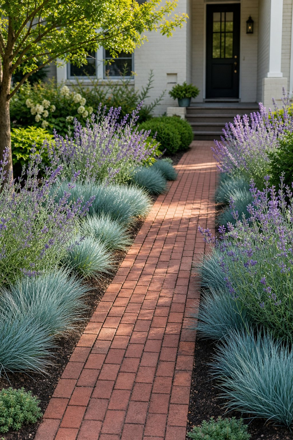 A red brick front walkway bordered by blue fescue grass and flowering Russian sage.