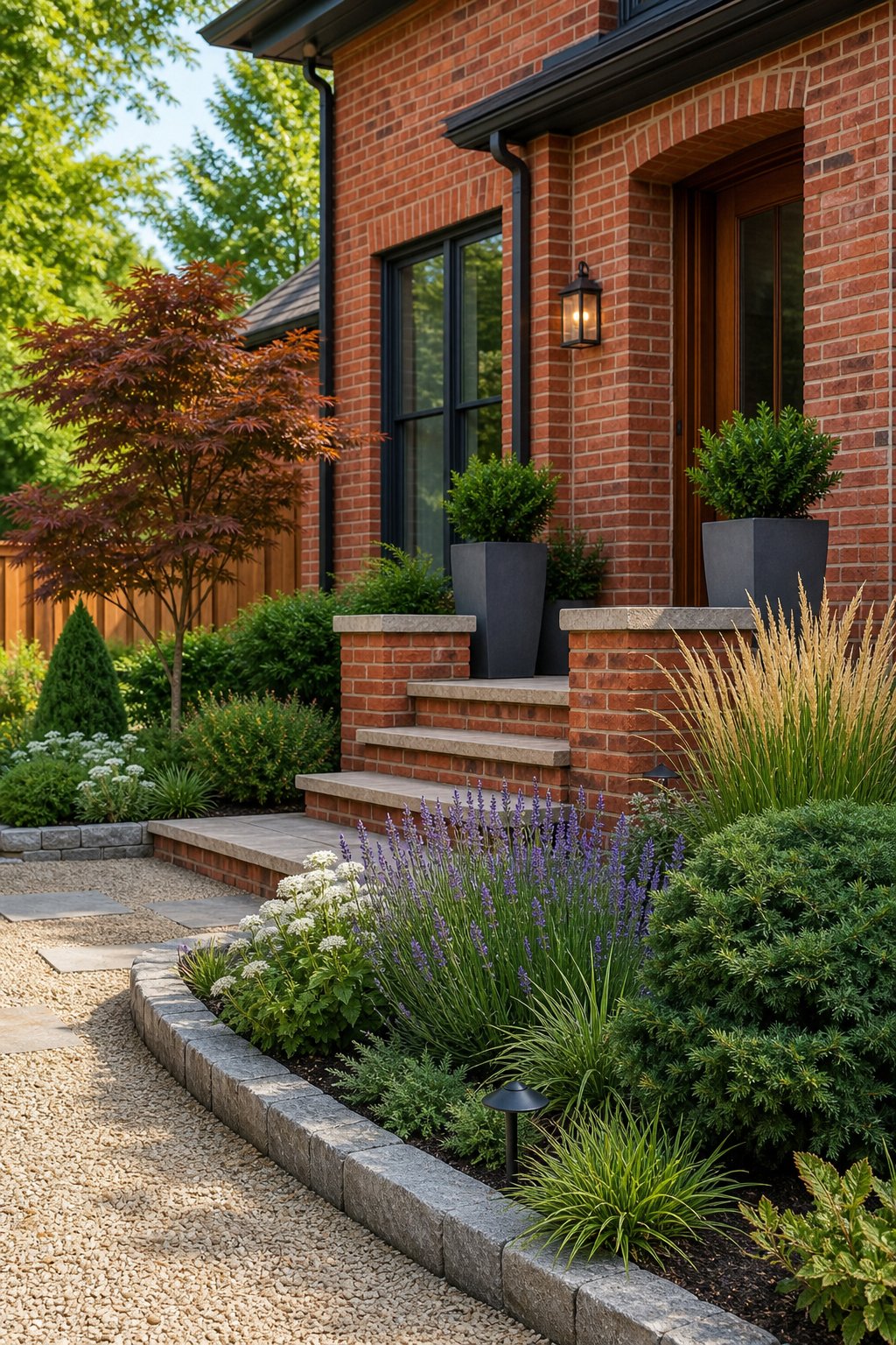 A red brick house with layered green plants, flowering perennials, stone edging, and a gravel path.