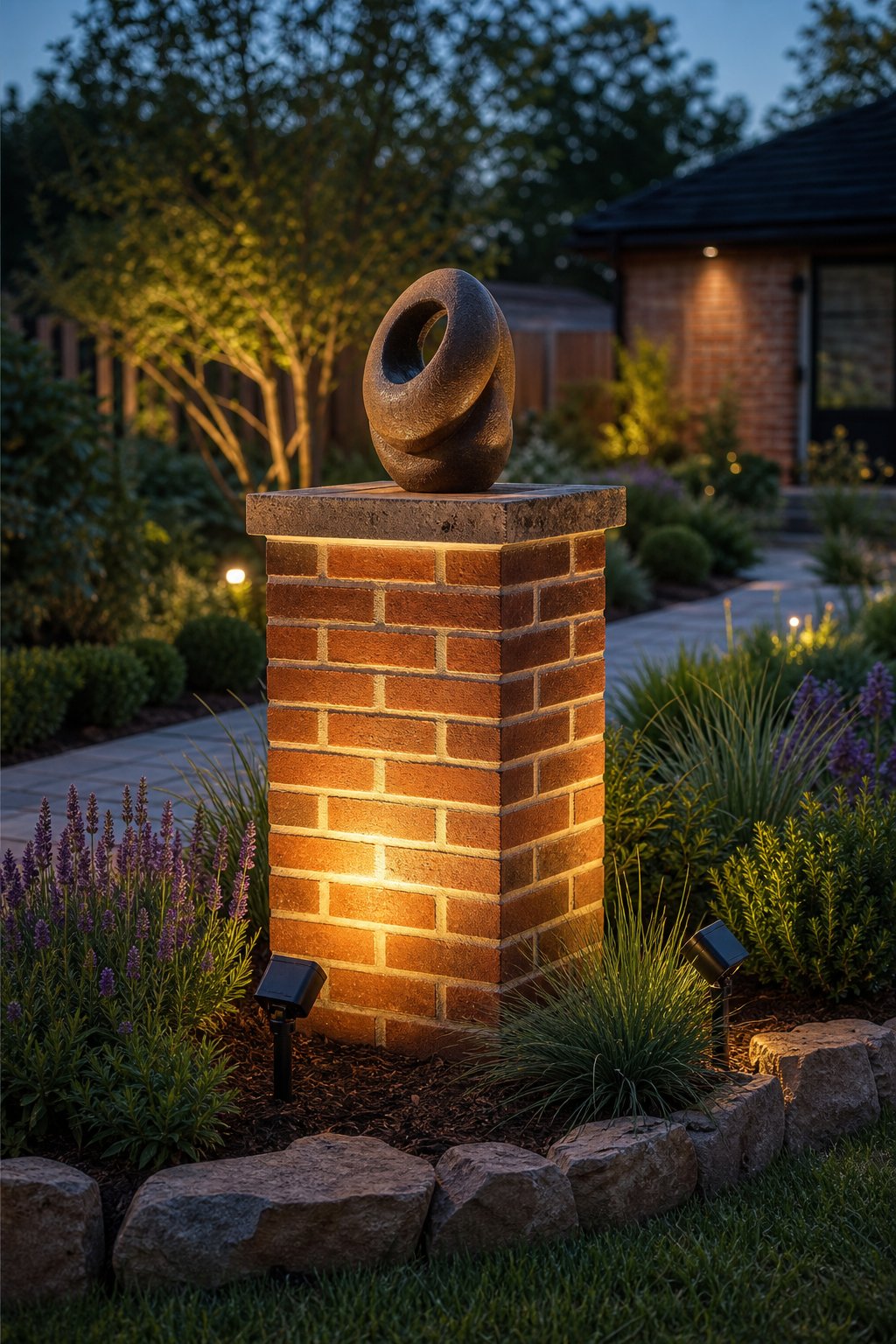 A red brick garden plinth displaying a sculpture, illuminated by two solar spotlights among landscaped plants.