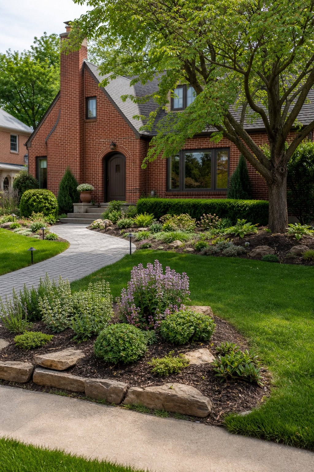 A red brick house with a practical front yard featuring shrubs, flowers, ornamental grasses, a walkway, and neatly edged planting beds.