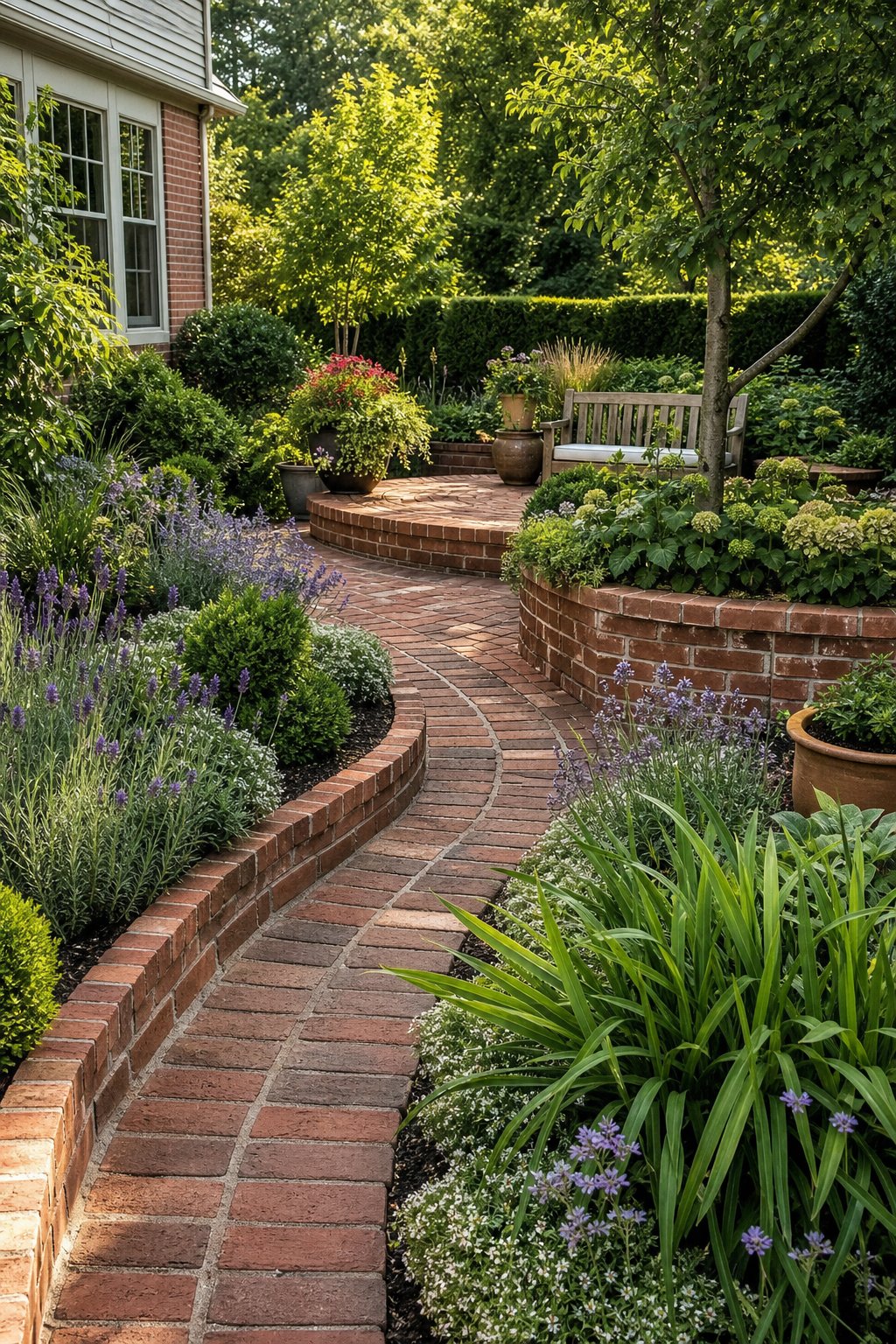 A landscaped backyard garden with red brick paths, edging, and raised planters surrounded by lush green plants.