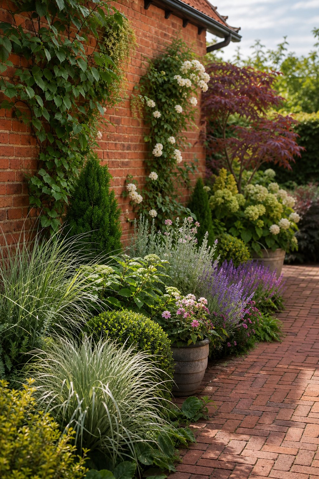 A landscaped garden with colorful plants arranged beside a red brick wall and pathway.