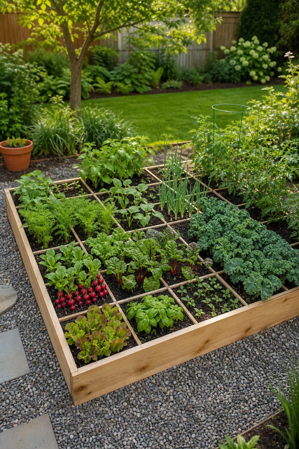A raised rectangular vegetable garden bed divided into square sections and filled with assorted healthy vegetables and herbs.