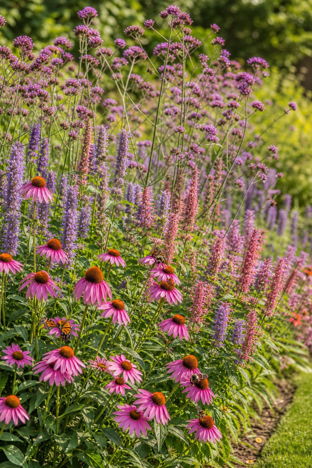 A sunny garden border filled with echinacea, tall purple verbena, agastache, bees, and butterflies.