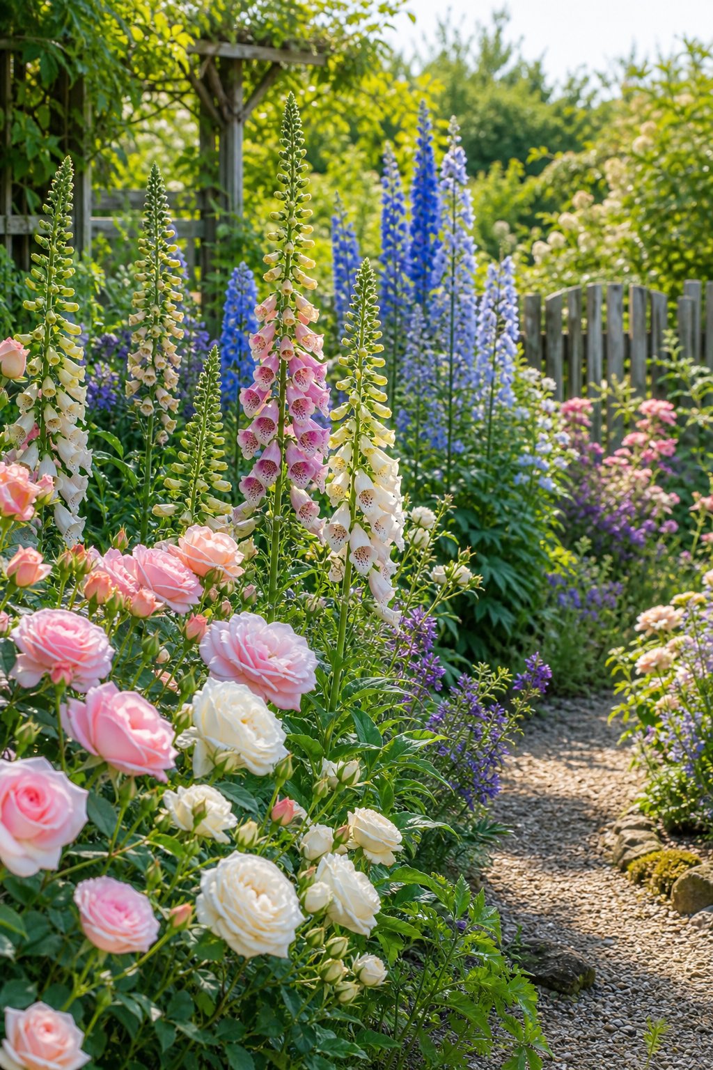 A sunny cottage garden border filled with roses, foxgloves, and blue delphiniums.