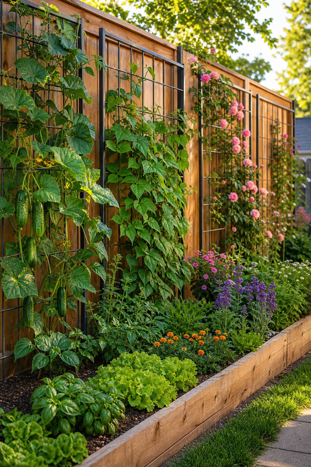 A sunny garden with climbing plants growing on trellises along a wooden fence.