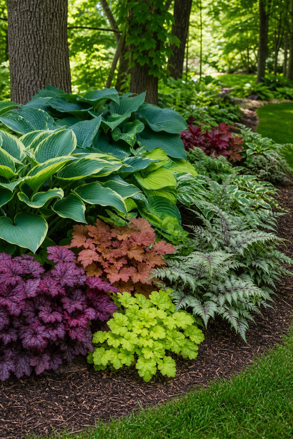 A shaded garden border filled with hostas, colorful heuchera, and Japanese painted ferns.