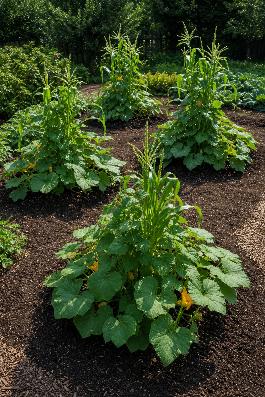 Three Sisters garden mounds with corn, climbing beans, and sprawling squash plants.