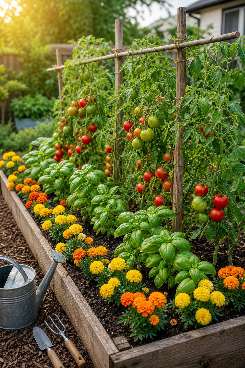 A raised garden bed with tomato plants, basil, and yellow and orange marigolds.