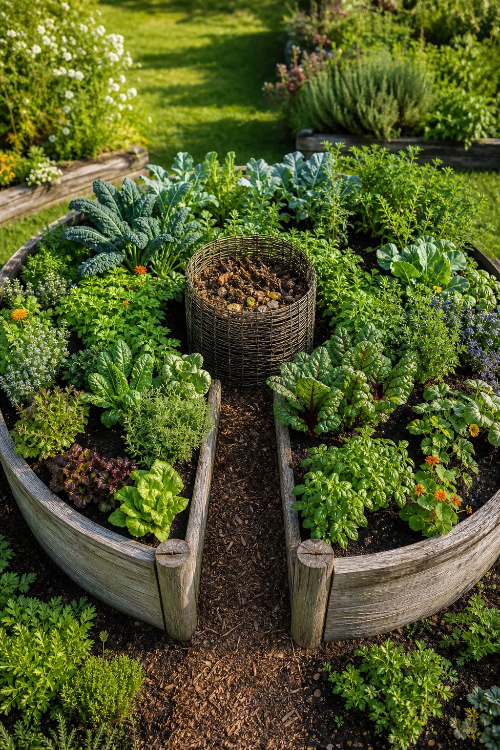 A circular raised garden bed with a keyhole-shaped path, colorful plants, and a central compost basket.
