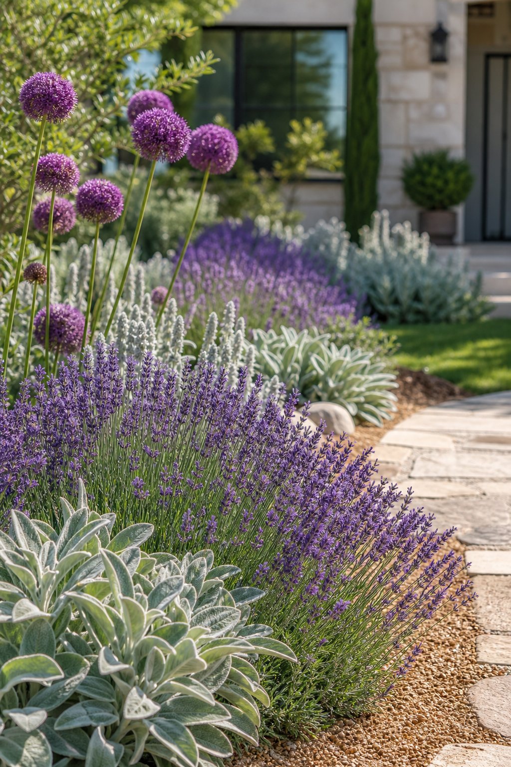 A front garden border filled with blooming lavender, purple alliums, and silvery lamb's ear plants.