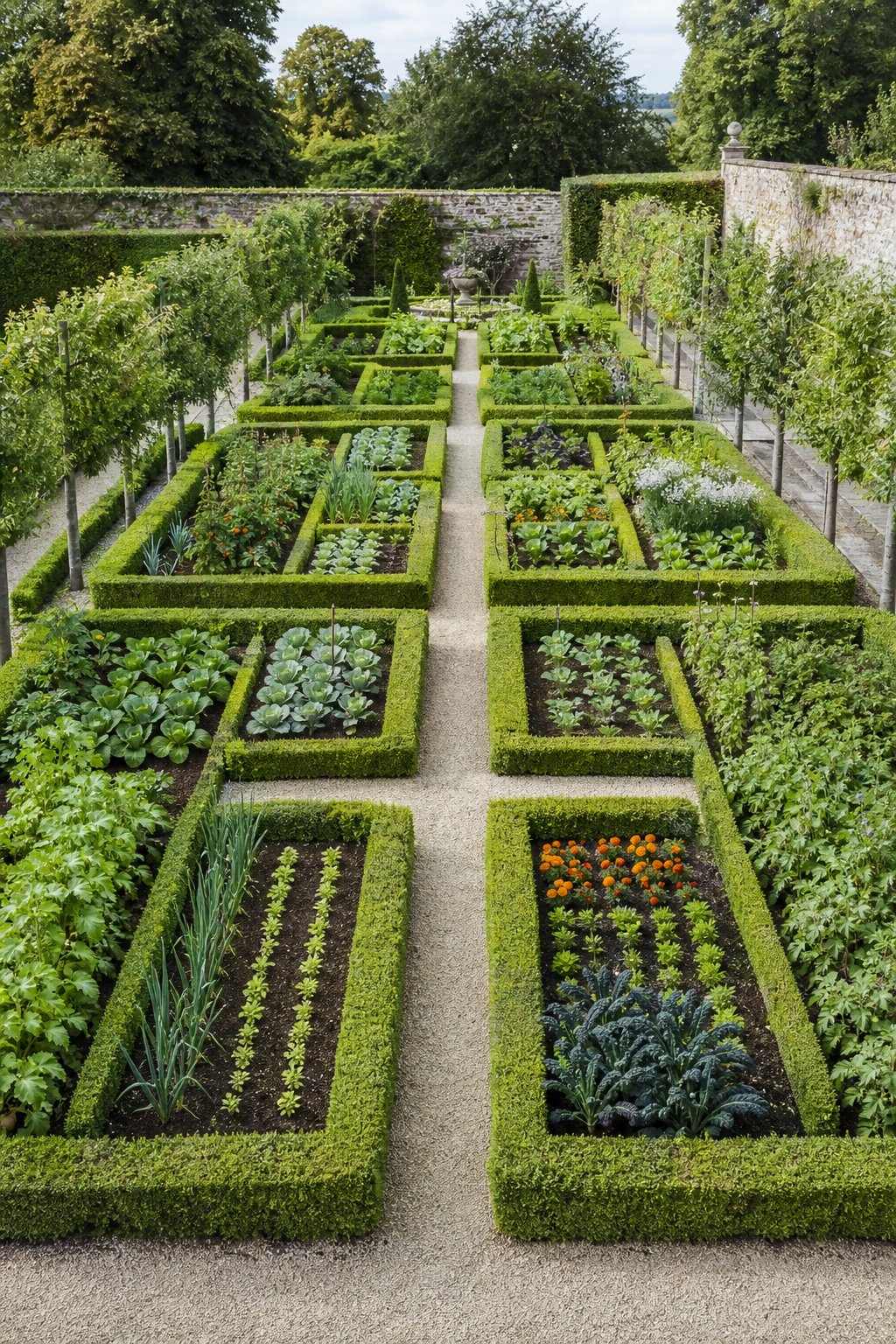 A symmetrical formal vegetable garden with boxwood-edged planting beds and gravel paths.