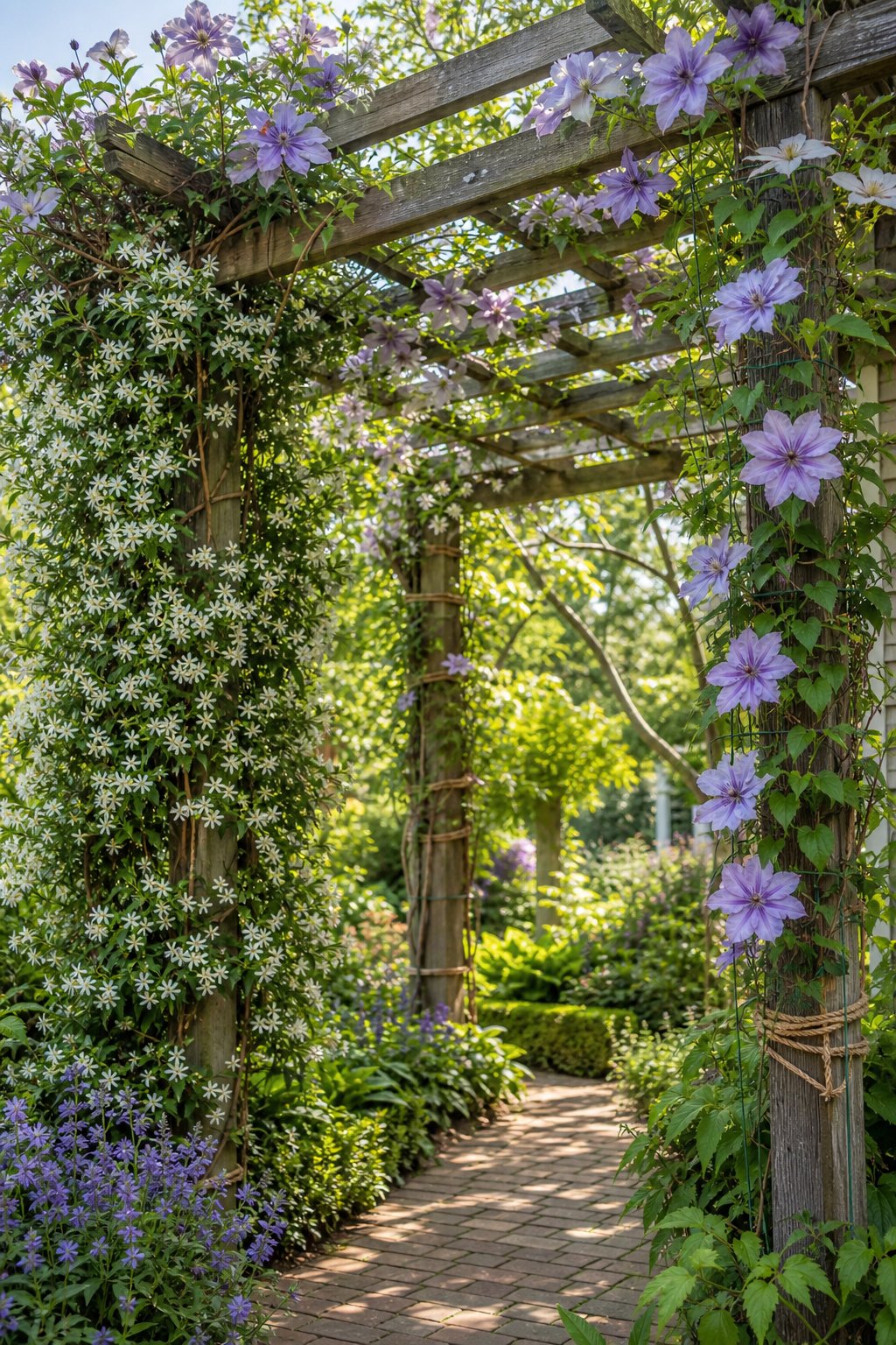 A garden pergola covered with flowering star jasmine and clematis vines.