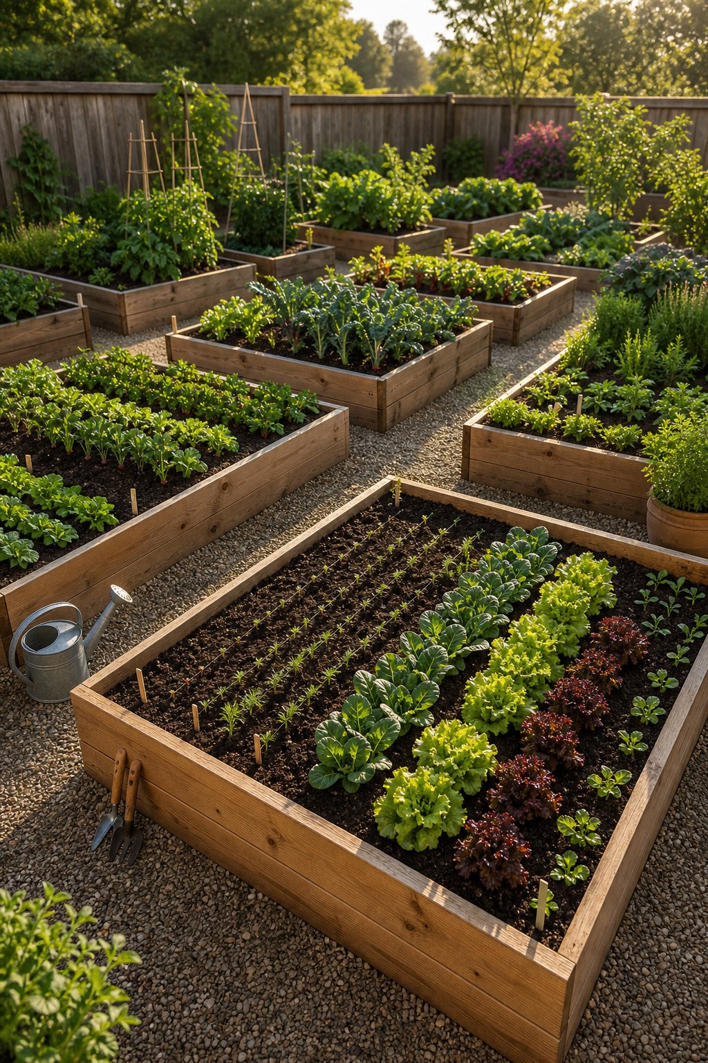 Raised garden beds arranged in rows with vegetables at different stages of growth.