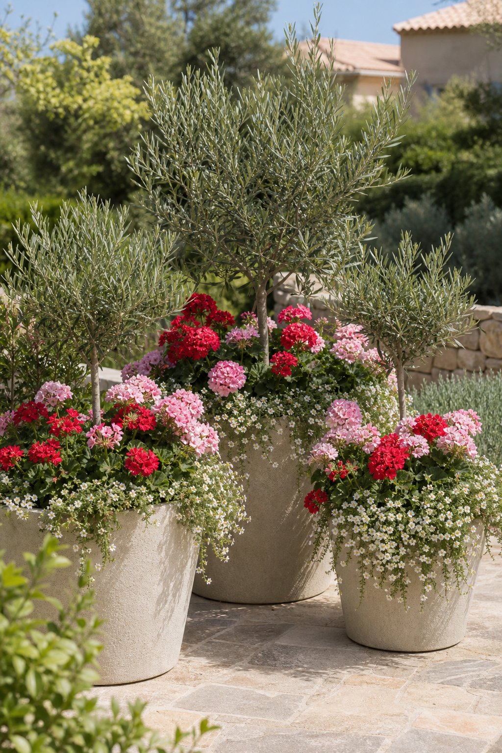 Large garden containers filled with olive trees, flowering pelargoniums, and trailing white bacopa.