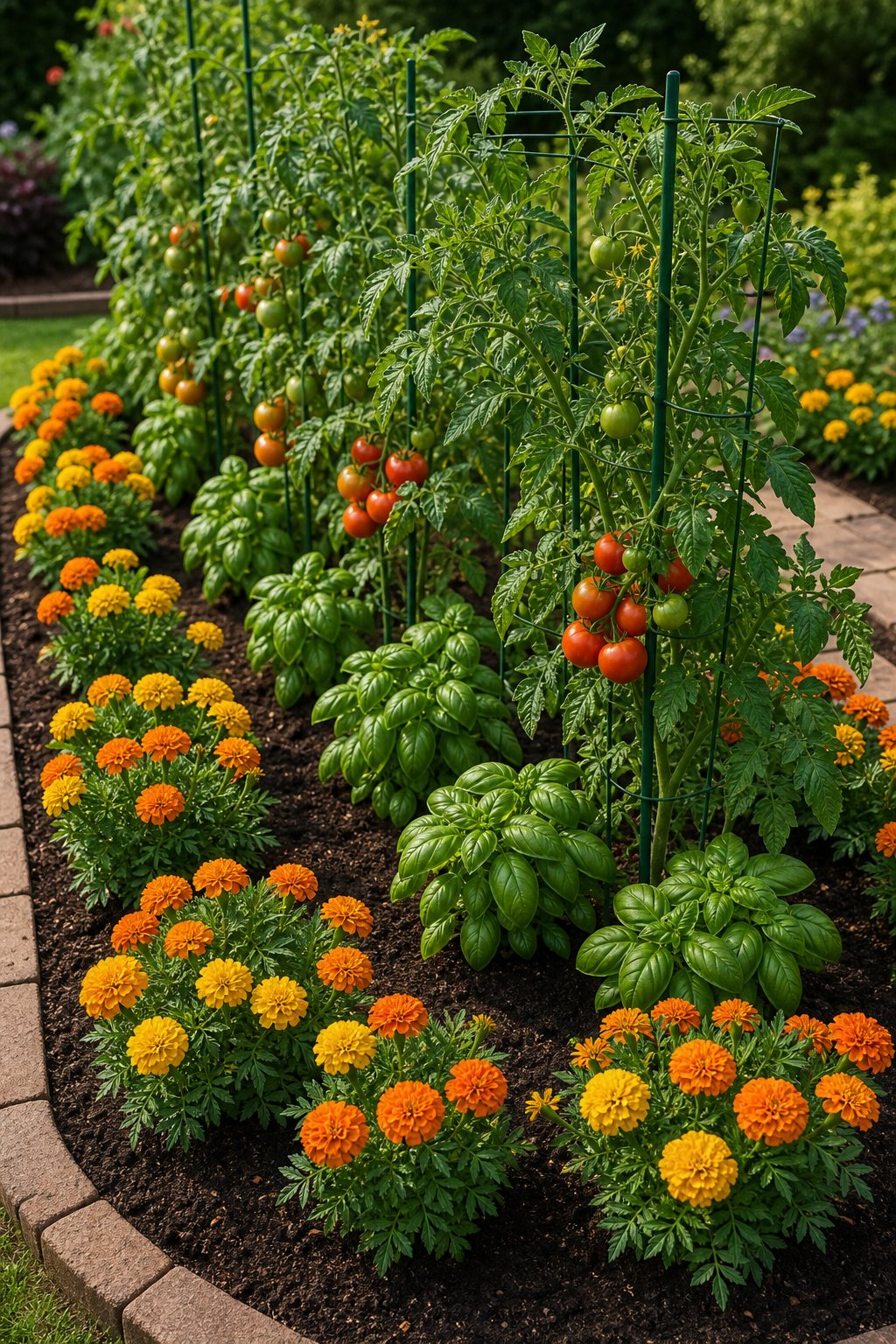 A garden bed with tomato plants, basil, and marigolds arranged together in rows.