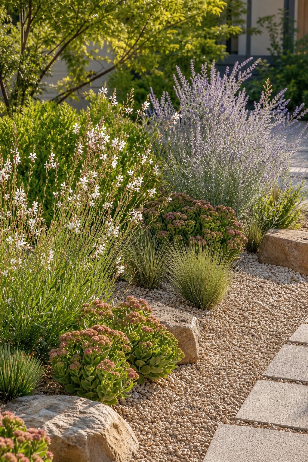 A gravel garden planted with sedum, white gaura, and silvery Russian sage.