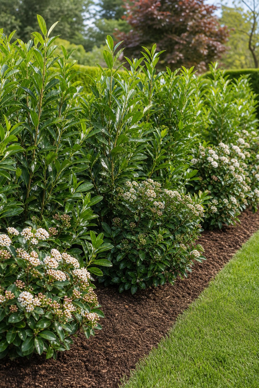 A mixed evergreen hedge of Portuguese laurel and Viburnum tinus planted along a garden boundary.
