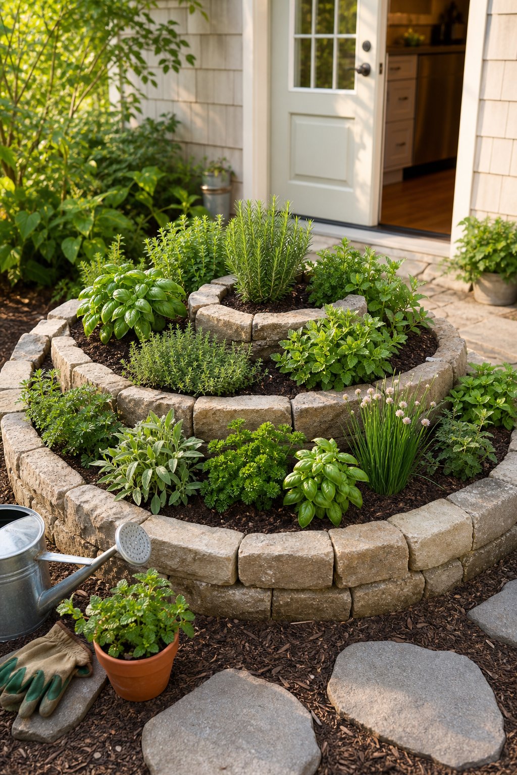 A tiered spiral herb garden beside a kitchen door, filled with fresh green culinary herbs.