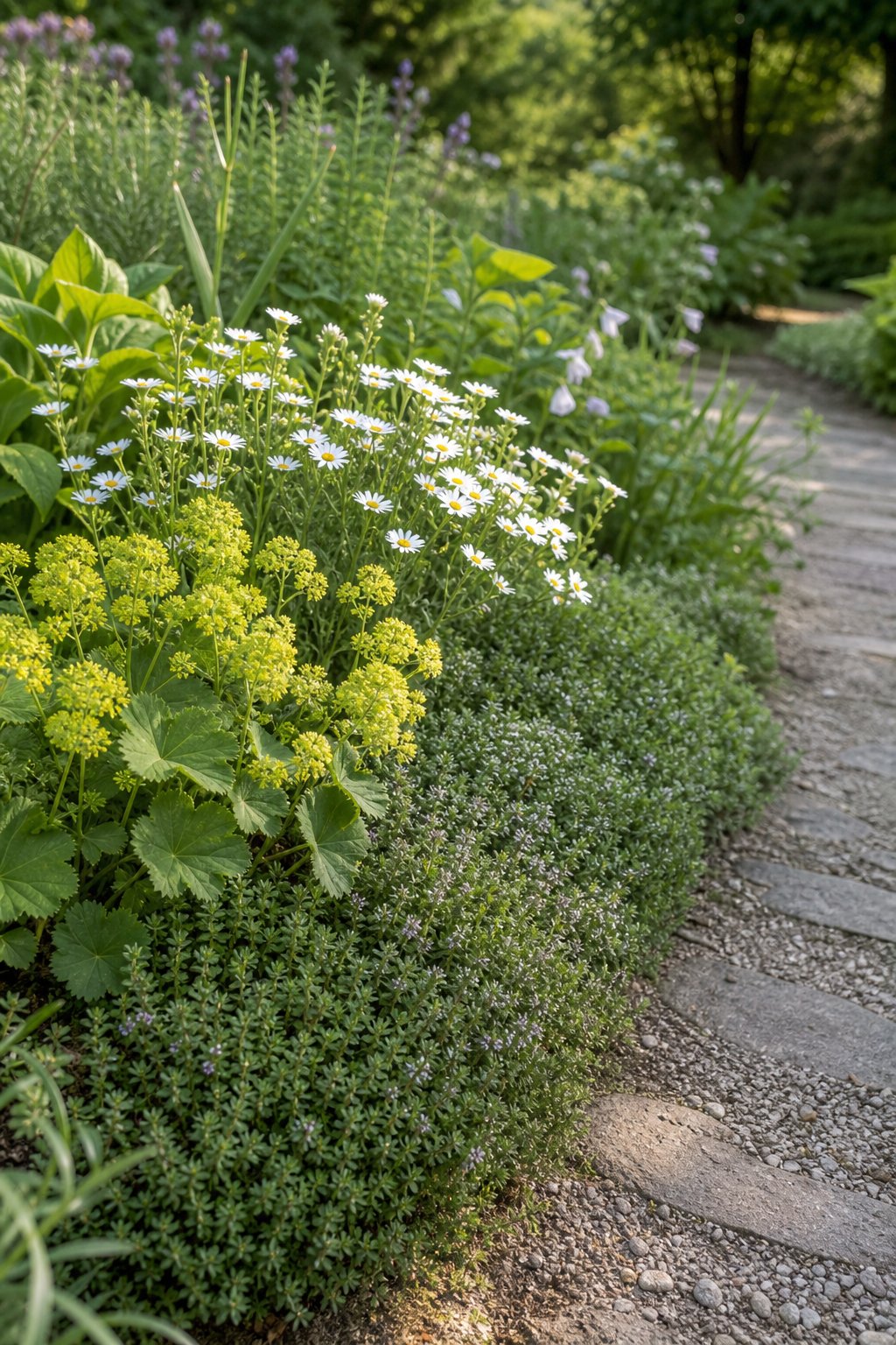 A garden path bordered by thyme, white erigeron flowers, and chartreuse lady's mantle.