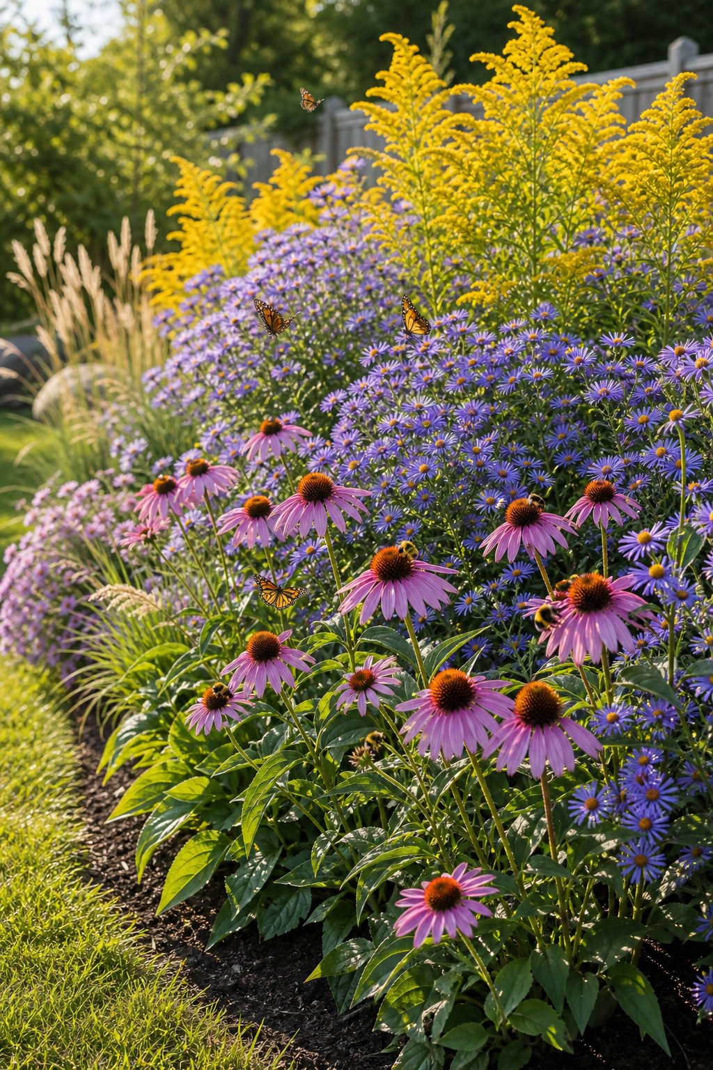 A sunny garden border filled with purple coneflowers, blue asters, and tall yellow goldenrod, with bees and butterflies visiting the flowers.