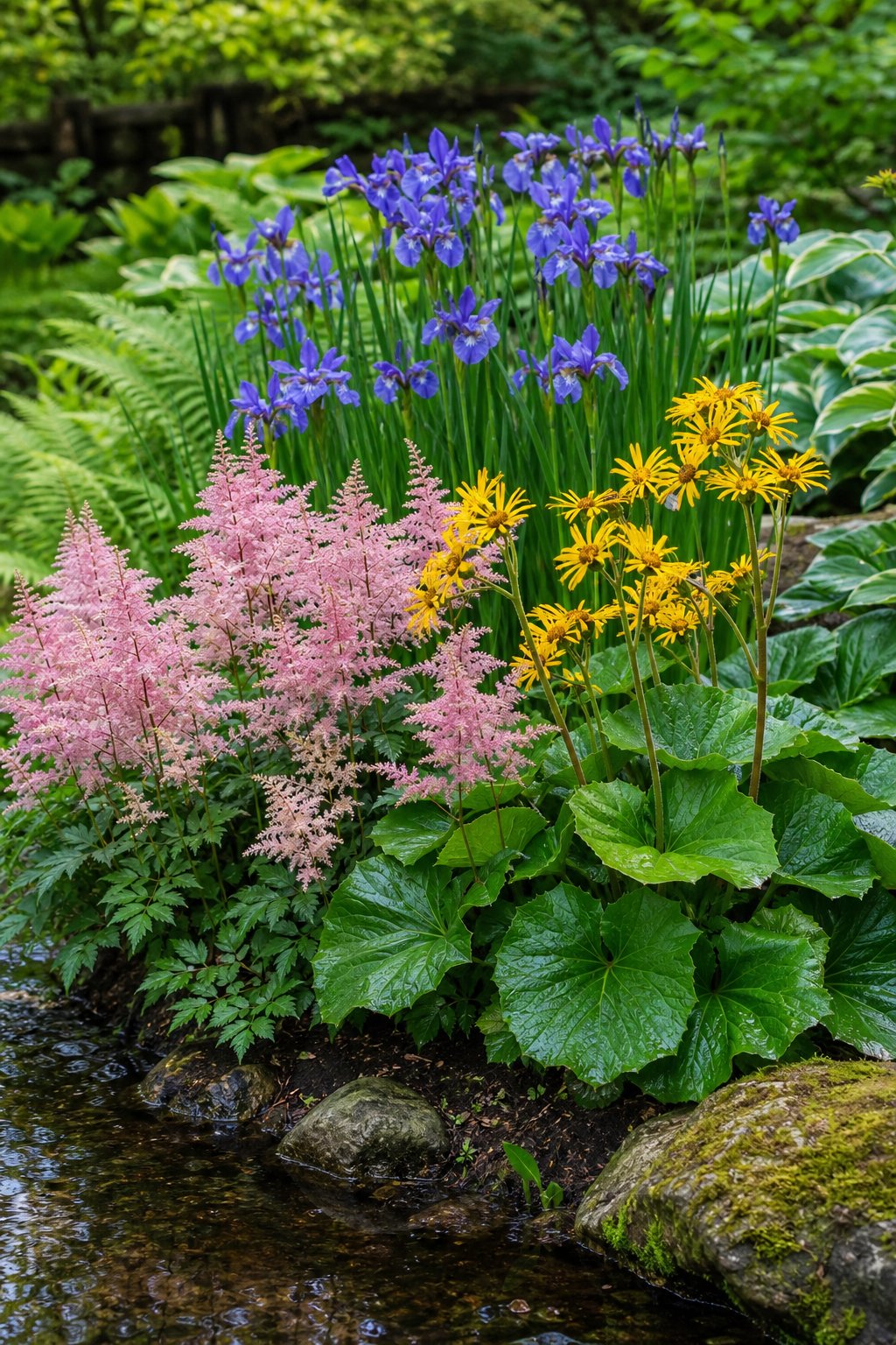 Astilbe, Siberian iris, and ligularia blooming in a lush damp garden area.
