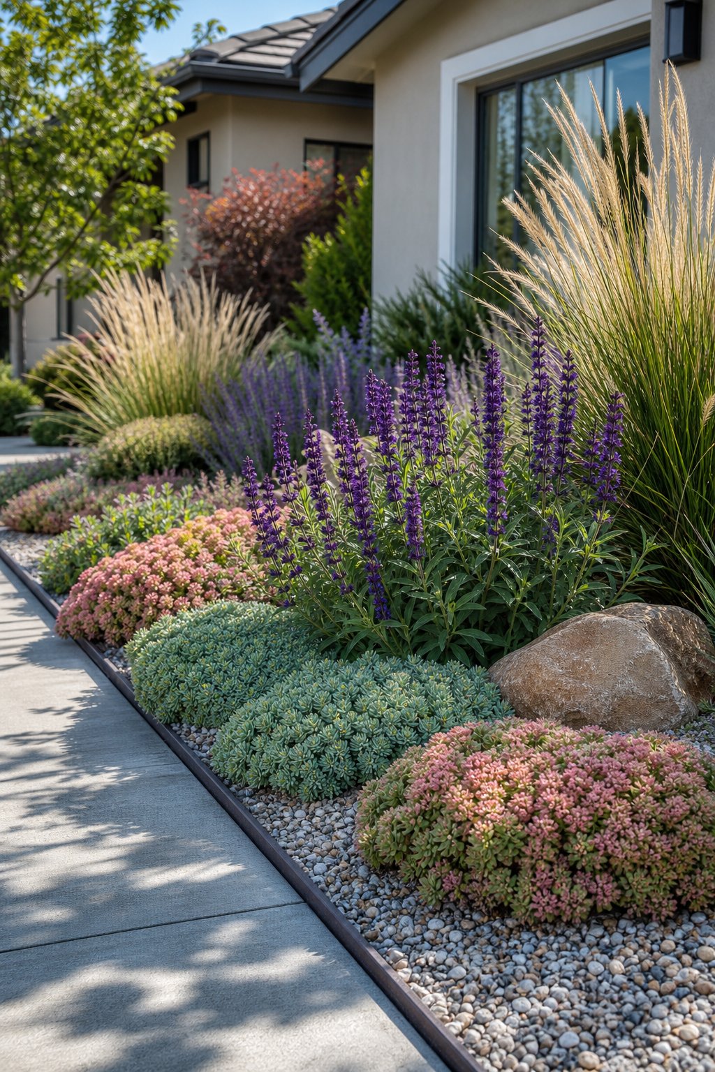 A drought-tolerant front yard border planted with sedum, purple salvia, ornamental grasses, gravel, and natural stones.