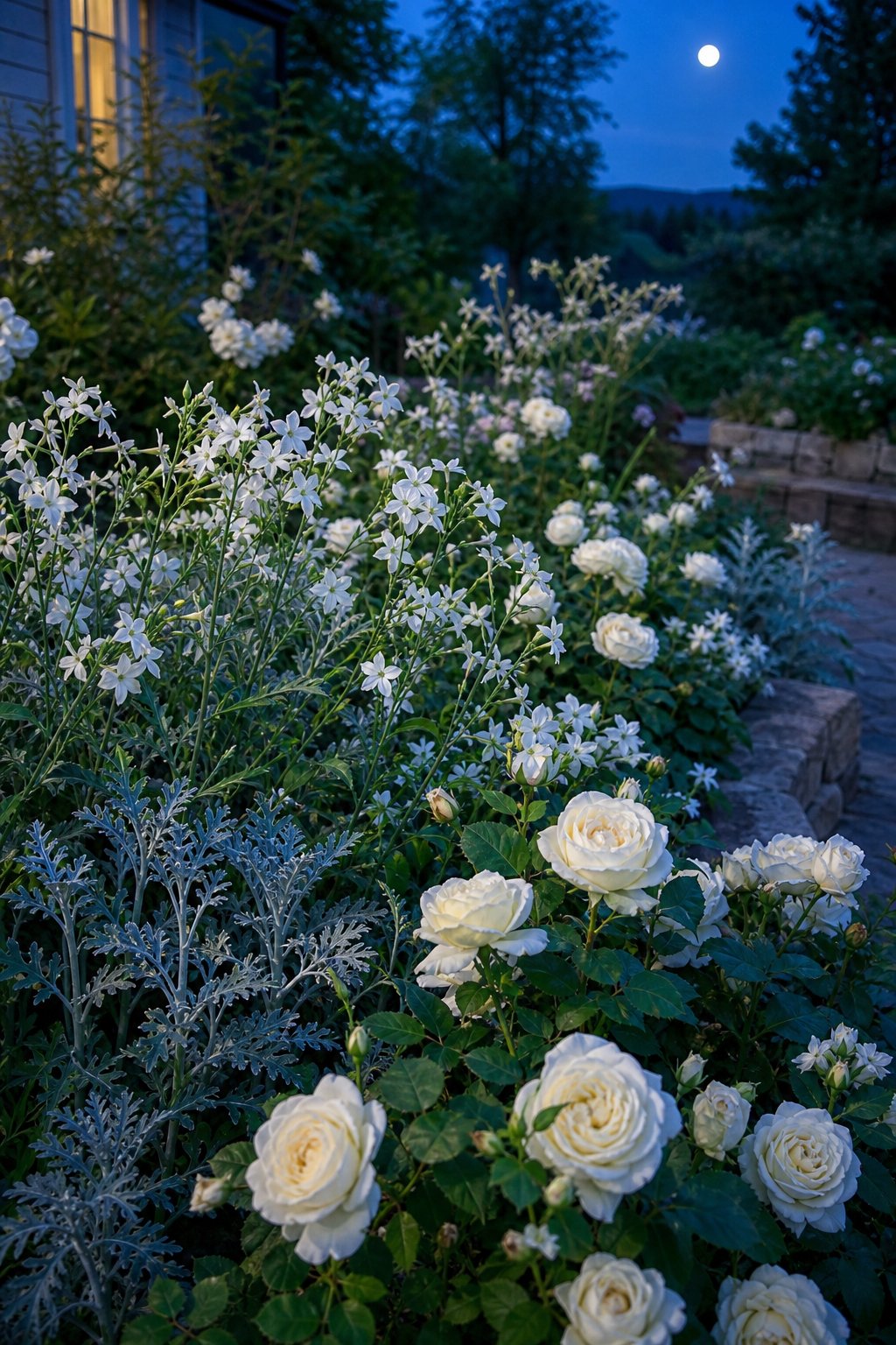 A twilight garden bed filled with white roses, white nicotiana flowers, and silvery artemisia foliage.