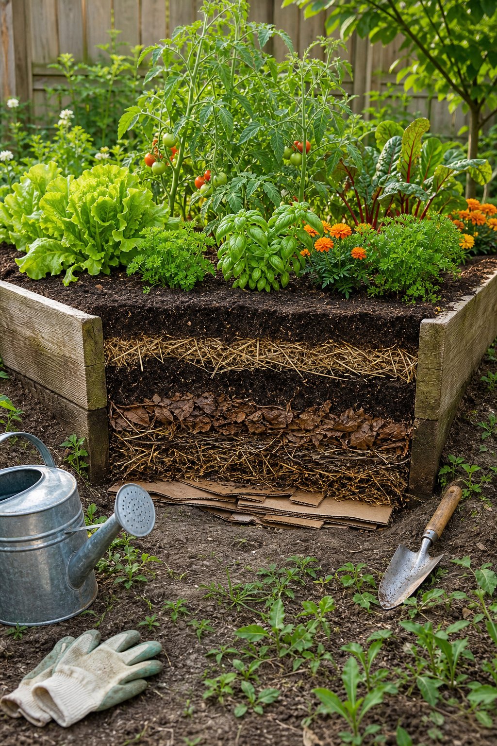 A layered garden bed with vegetables growing above poor, weedy soil.