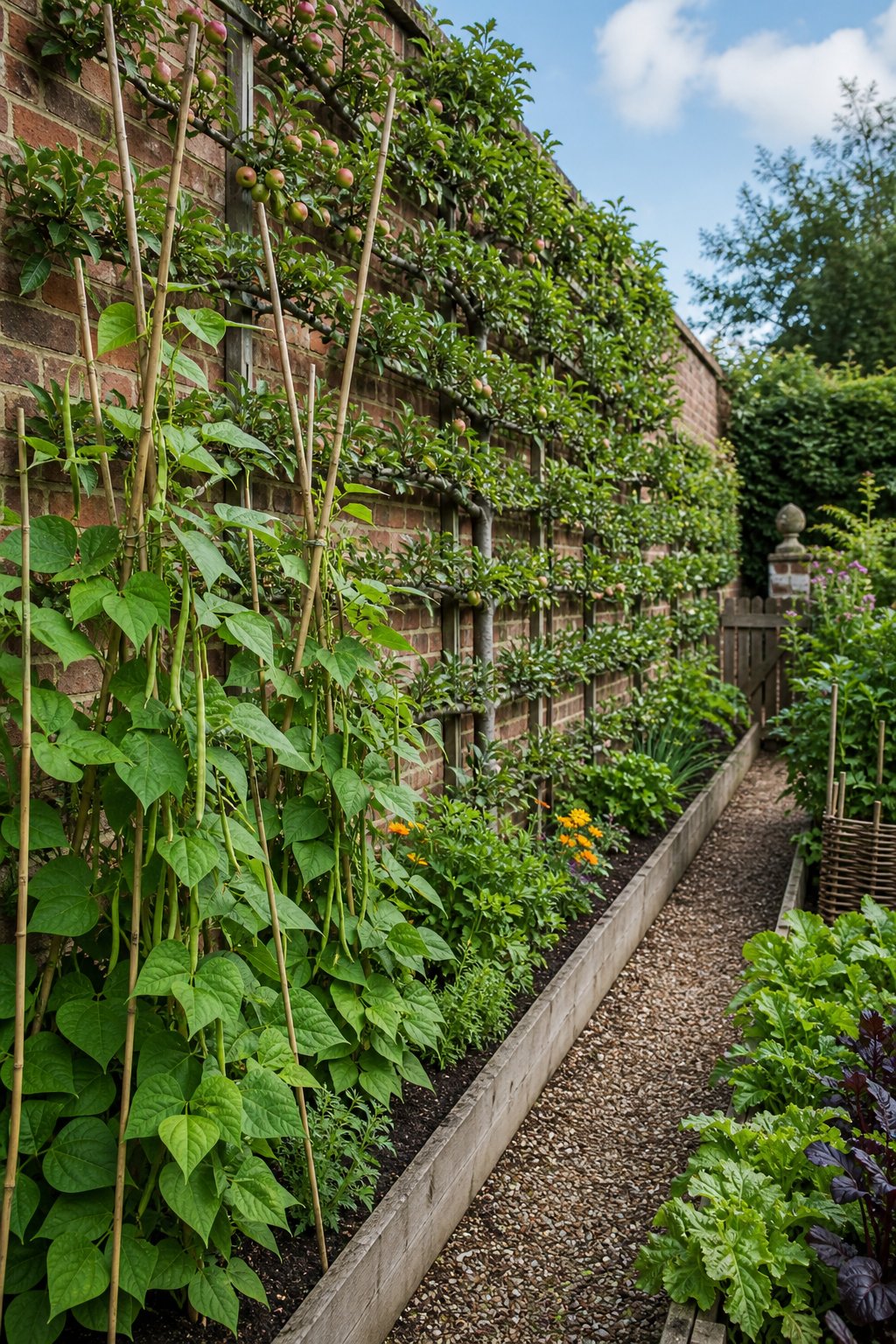 A garden with espaliered apple trees trained against a wall and climbing bean plants growing up supports.