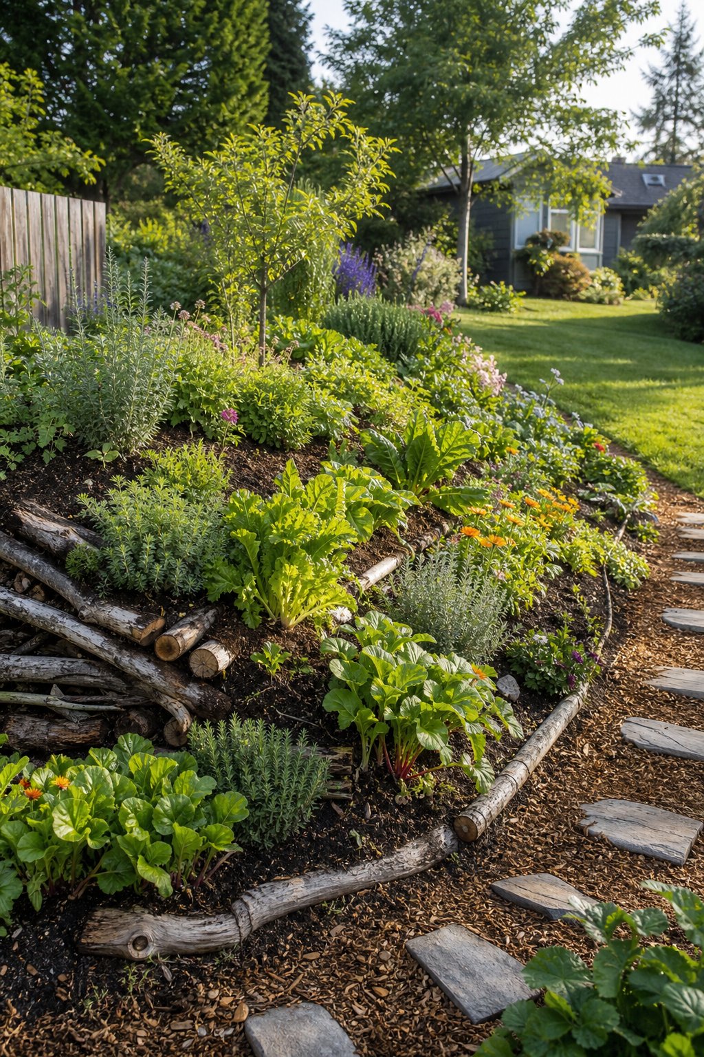 A planted hugelkultur mound arranged in tiers on a sloped backyard garden.