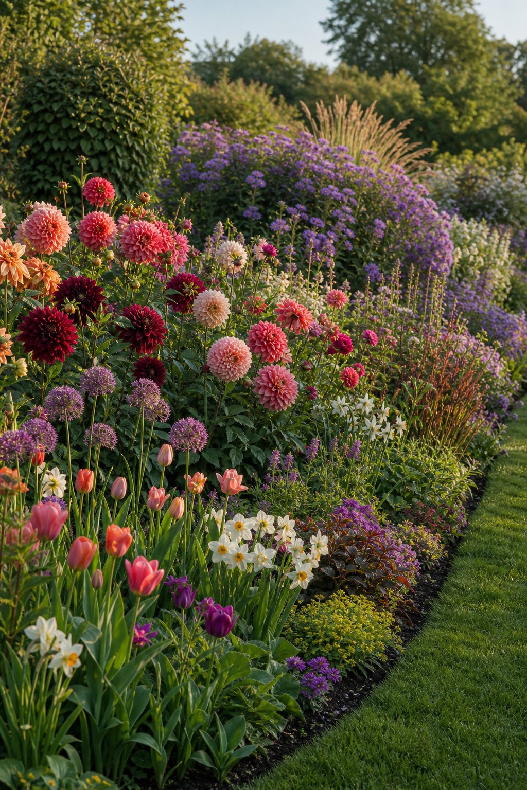 A colorful layered garden border with spring bulbs, dahlias, asters, and ornamental grasses.